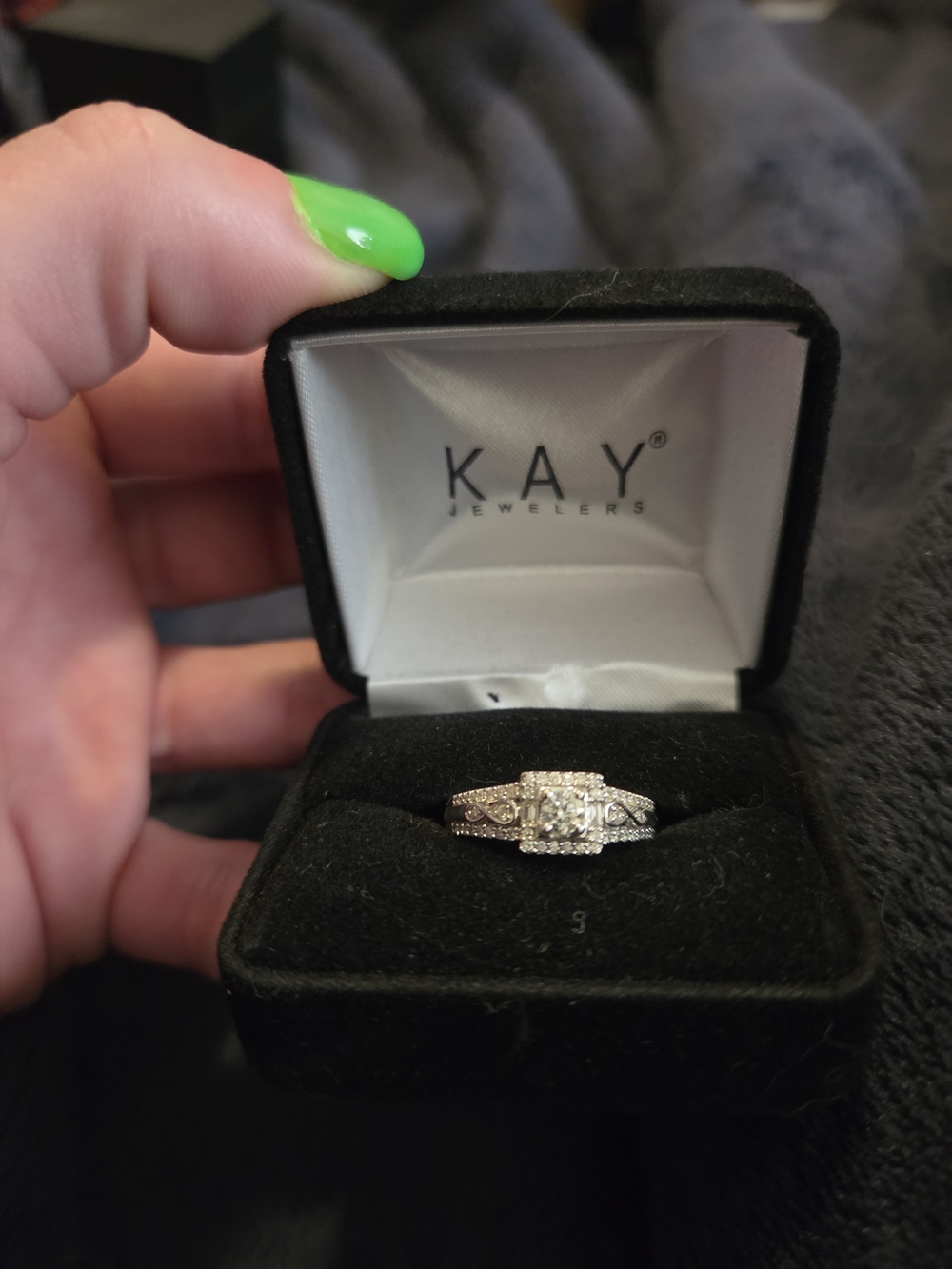Kay Jewelers Silver-Tone Halo Diamond Ring with Pavé Band
